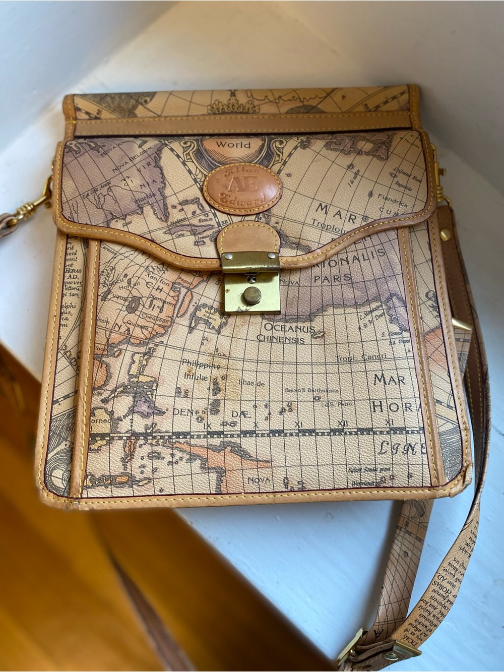 Vintage Map-Print Messenger Bag with Tan Leather Trim